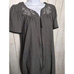 Vintage Black White Dotted Zip Front House Dress Floral Embroidered Lounge Comfy
